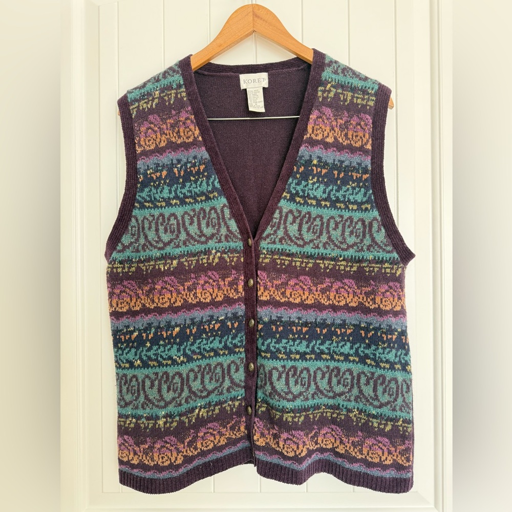 Vintage Koret Patterned Knit Sweater Vest Purple Teal Button Up Grandmacore M - Picture 3 of 9